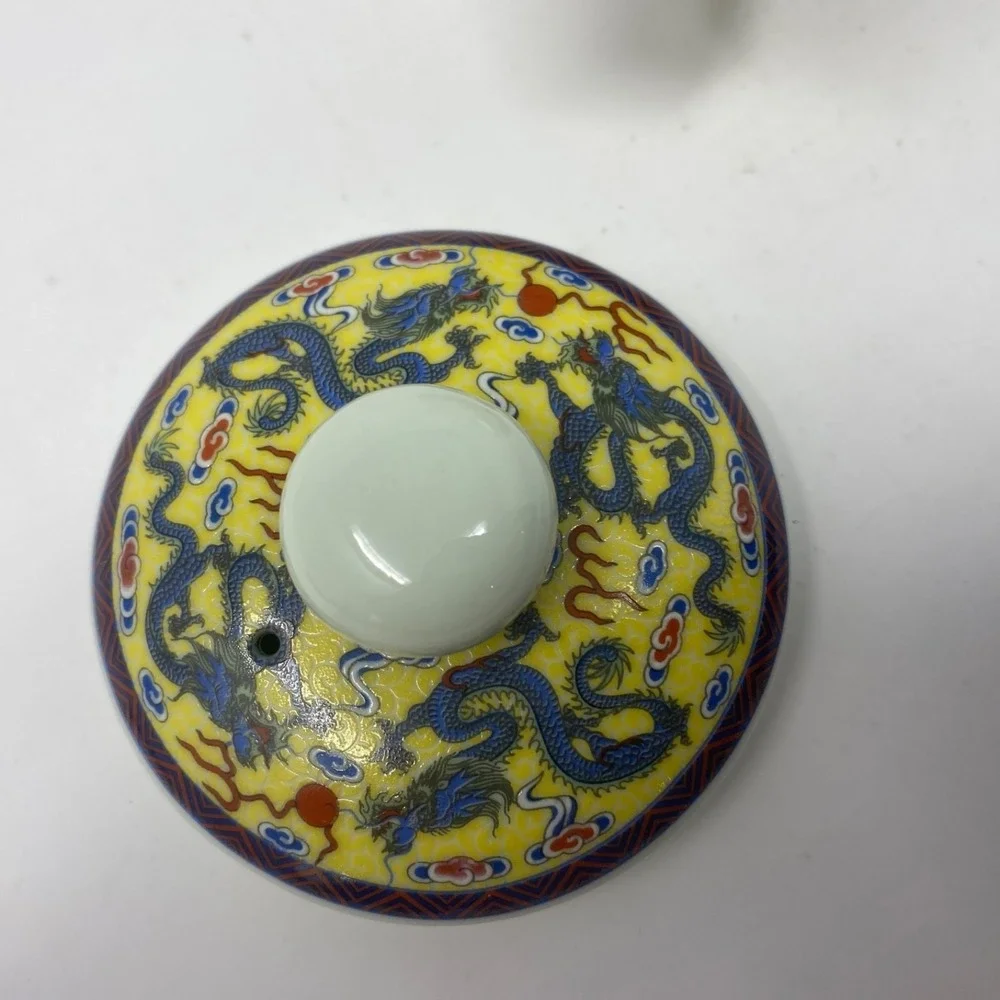 Vtg Yellow Dragons Oriental Teapot w Large Inside Wire Strainer‎